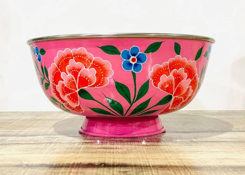 Hand painted fruit bowl, Stailess Steel bowl with Enamelware work from Kashmir, Enamelware bowl-handcrafted, Large Breakfast bowl 20.5 cm blue