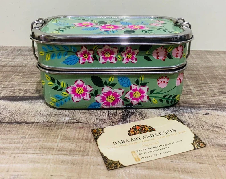 Hand painted lunch box,Bento lunch box,Enamelware tifin box,Kashmiri Enamelware,bento box for kids,hand painted bento box,Indian tiffin