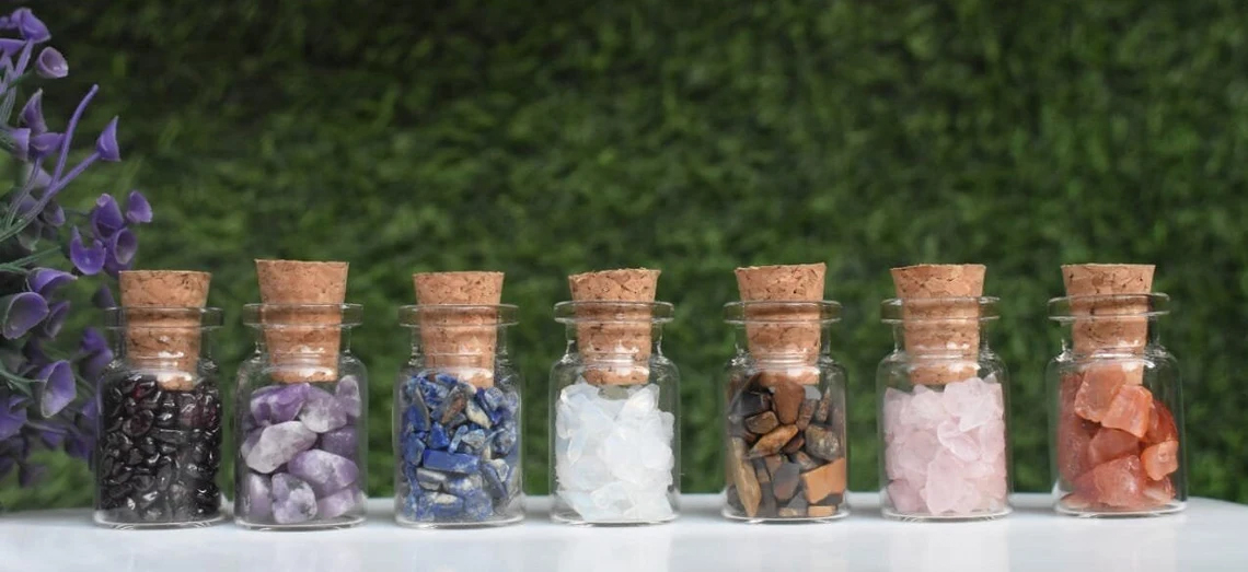 Chakra Crystal Shards in Cork Bottle, Chakra Crystal Set, Mini Chakra Cork Bottles with hook for necklace and tourmaline bead, set of 10