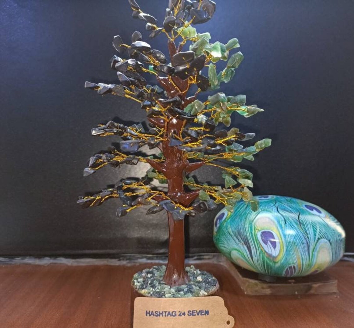 Feng Shui Tree with Green Jade and Black Tourmaline, Bonsai Money Tree with Healing Crystals , Protection tree with Indian Gemstones