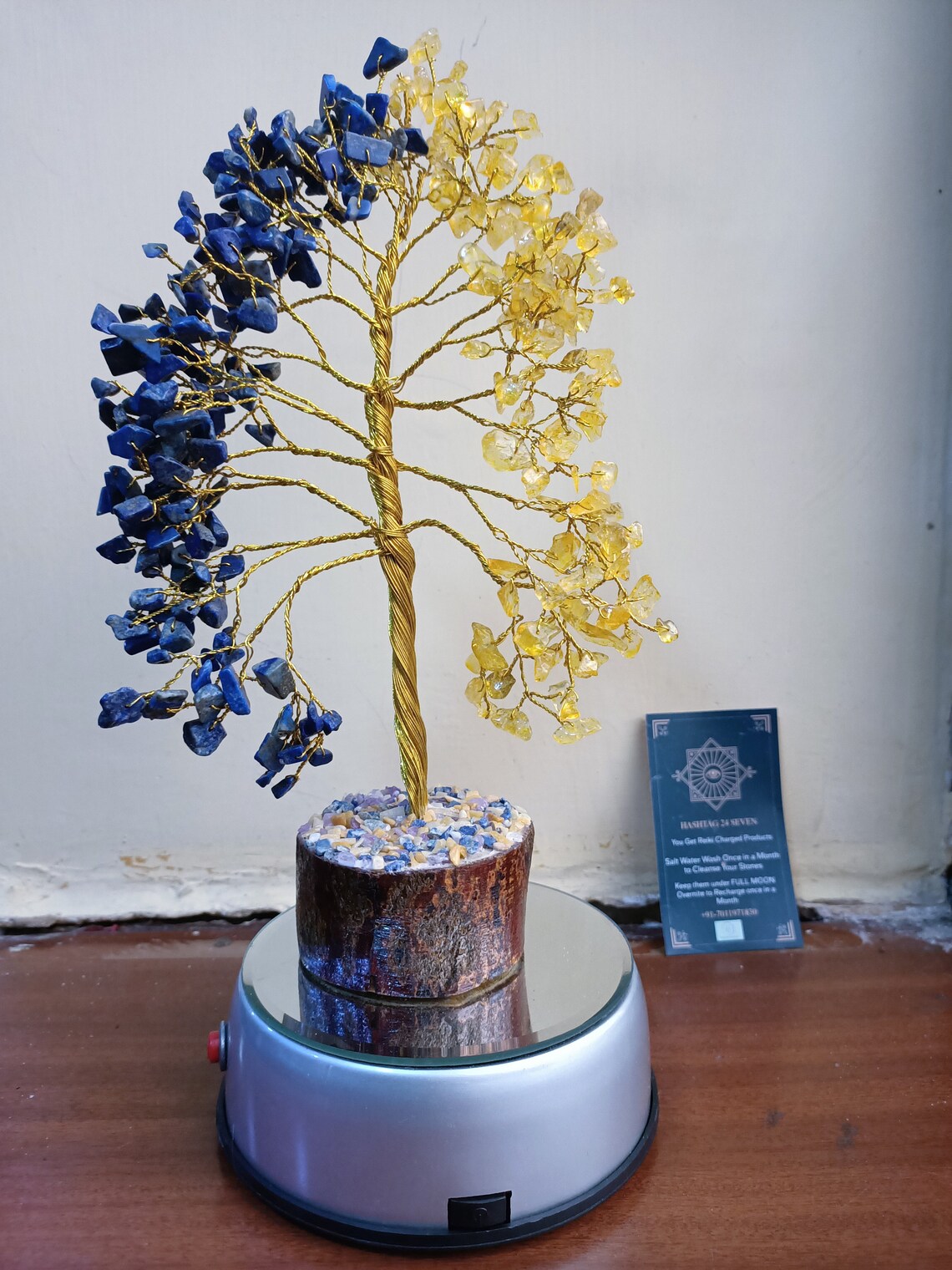 Lapis Lazuli Gemstone Tree with wooden base, Healing Gemstones wired in Bonsai Tree ,Natural Citrine Gemstone Mandala tree of life