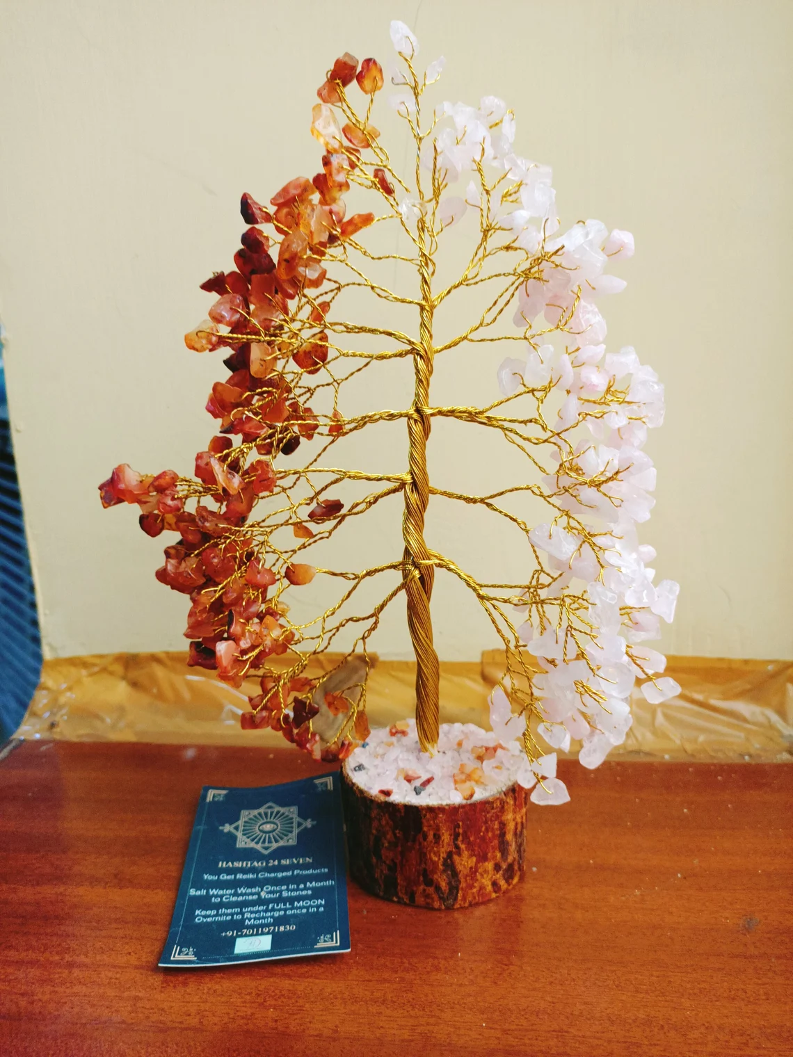 Natural Crystals and Healing Stones for Prosperity, High Pranic Energy Crystal Tree of Life with rose quartz stones and carnelian stones