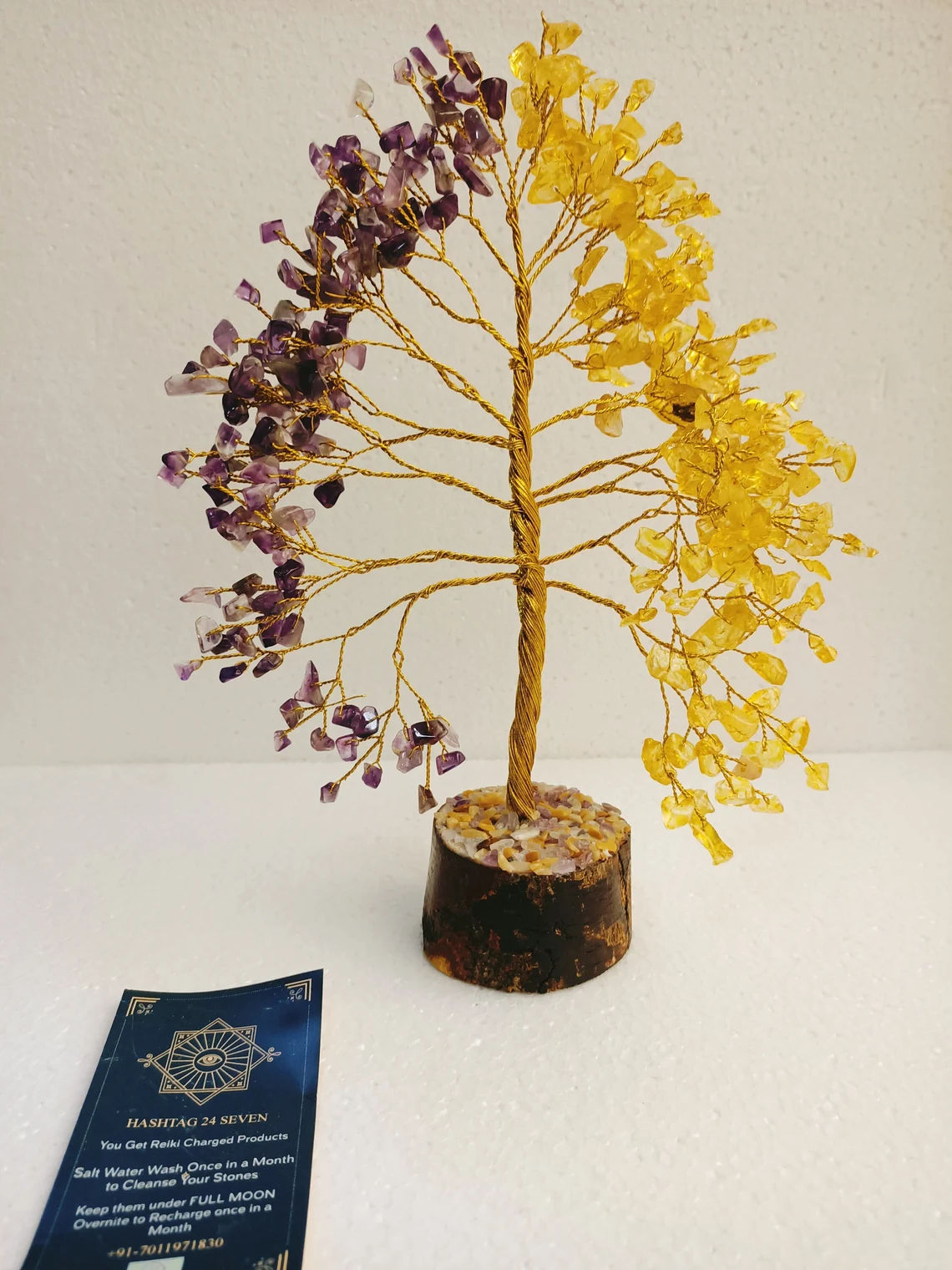 Bonsai Crystal Tree with wooden base and Semi Precious Gemstones, Citrine Crystals and Amethyst Stones ,Free Obsidian Bracelet