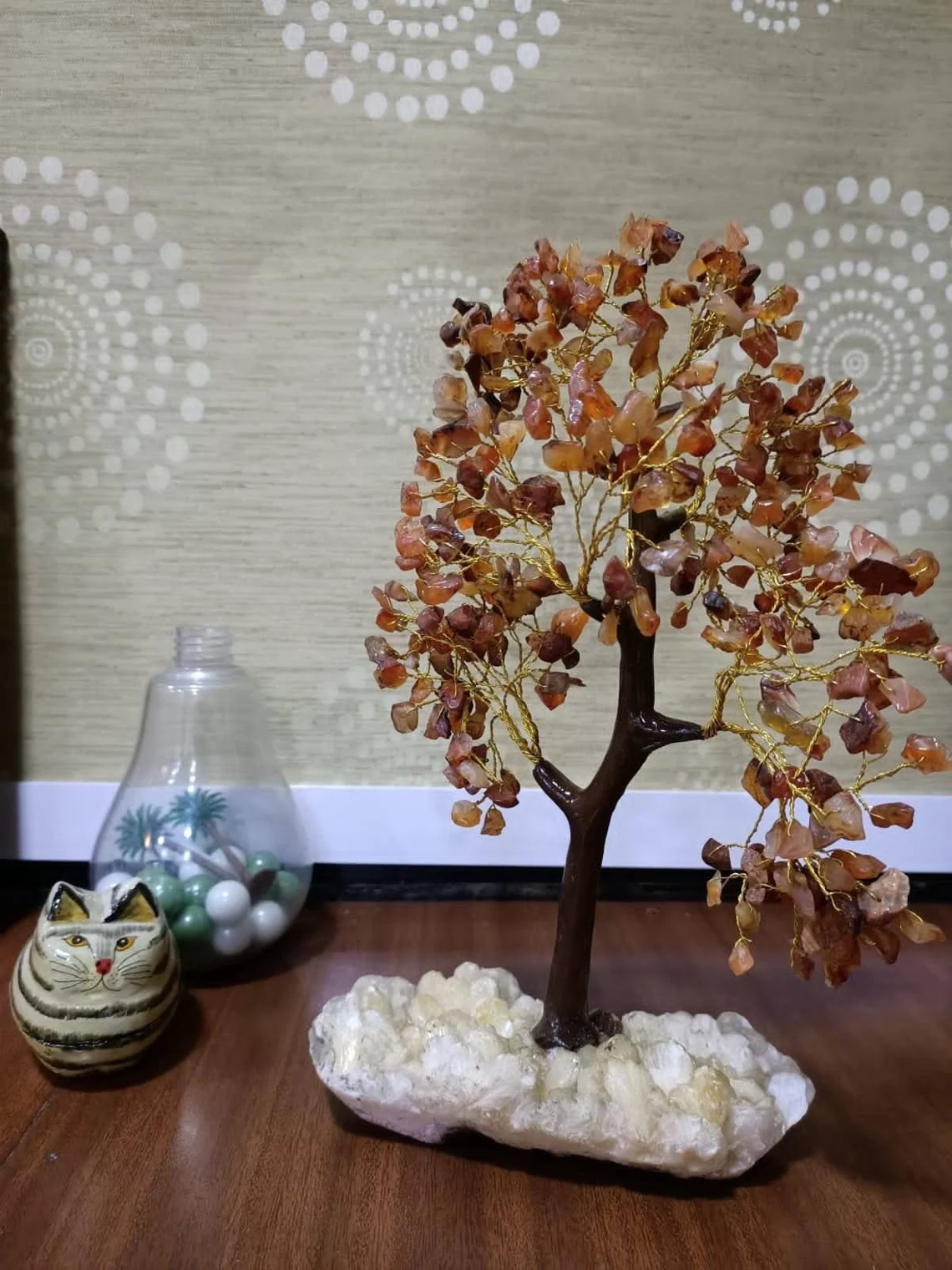 Carnelian Tree with Crystal Cluster base, Gemstone Tree wired with Semi Precious Stone in Bonsai Tree of Life ,Healing crystal cluster