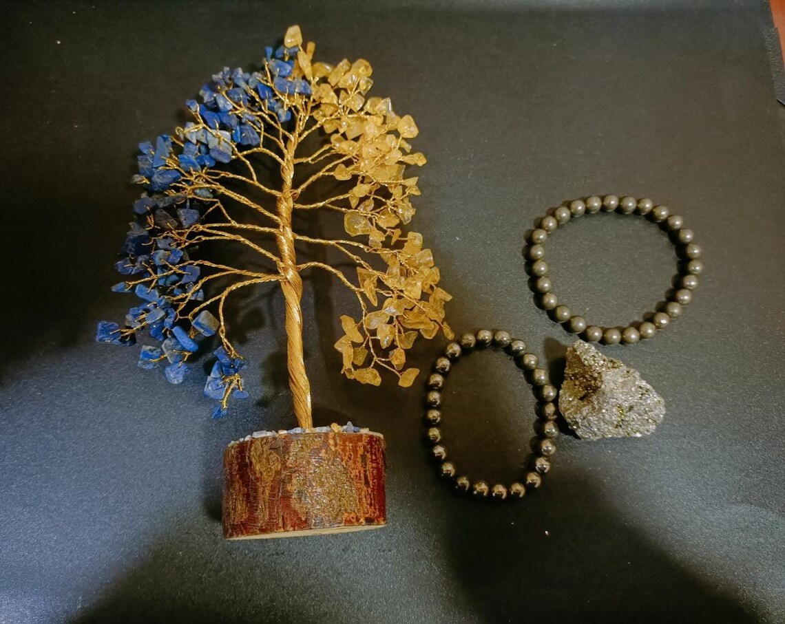 Pyrite Stone for wealth and abundance, Money attracting 2 Pyrite bracelets Lapis Lazuli and Citrine stone wired in bonsai tree