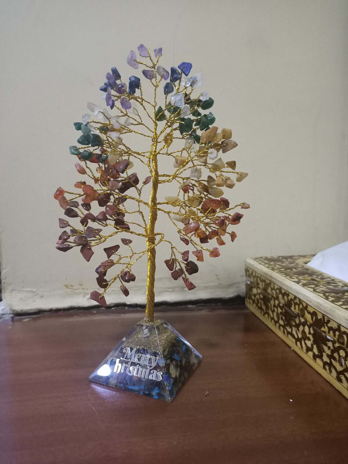 Seven Chakra balancing Crystals wired in Bonsai tree with Crystal pyramid base , Tree of life aligned with crystal clusters and Pyramid