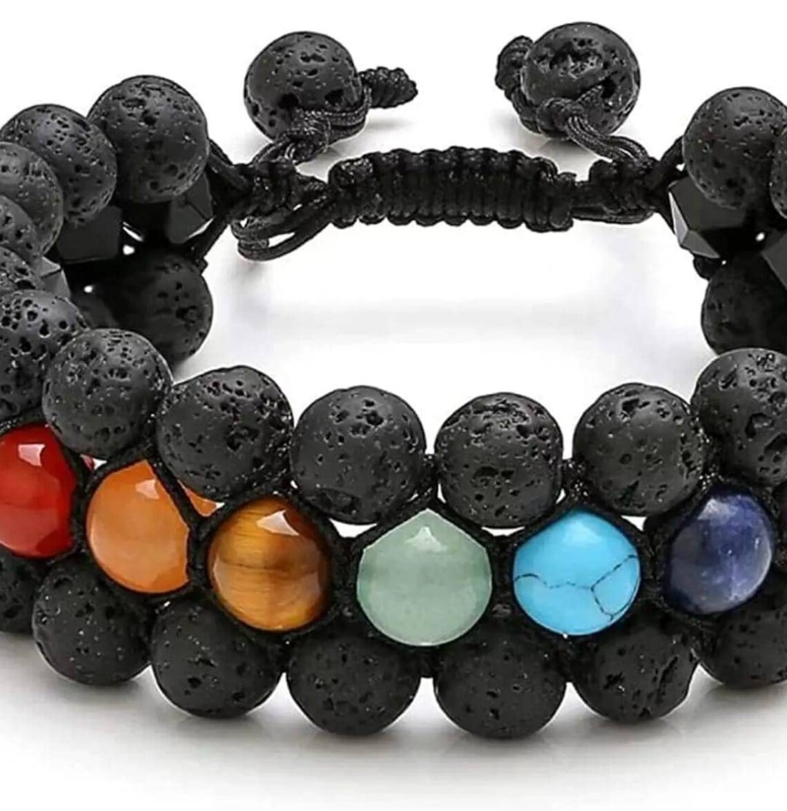 Men's Triple Row Seven Chakra Bracelet with matte lava agate stones ,Amethyst, sodalite, yellow tiger eye, yellow aventurine, red agate