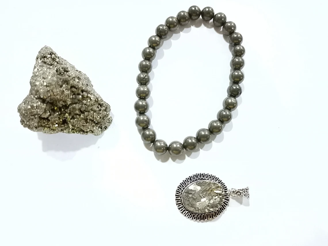 Money attracting Pyrite combo - 1 Pyrite bracelet , Pyrite Pendant and 100 GM raw pyrite stone , Pyrite Stone for wealth and abundance