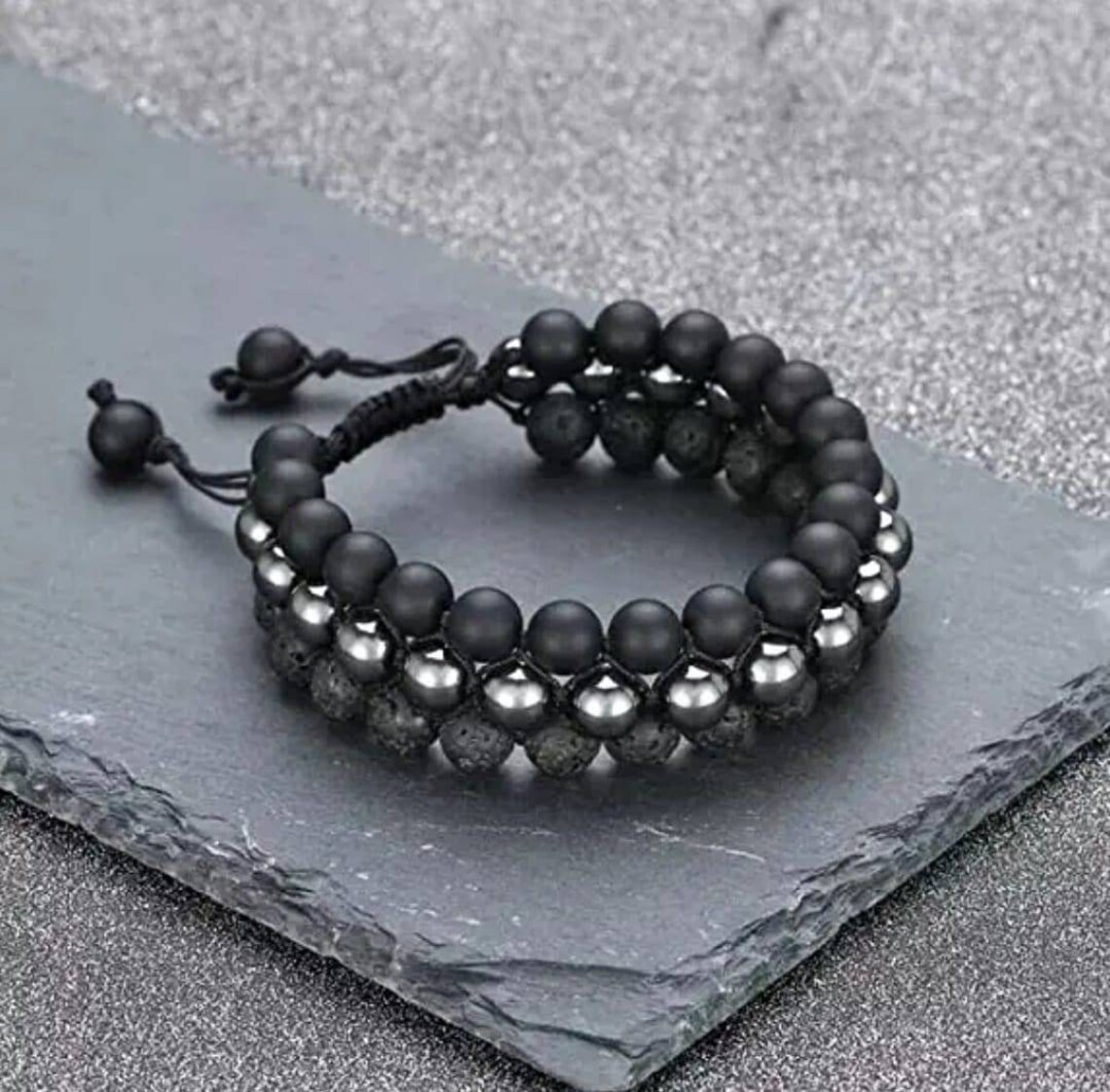 Men's Triple Row Bracelet with Matte agate Hematite Lava Rock natural healing crystals , triple layer agate and hematite bracelet