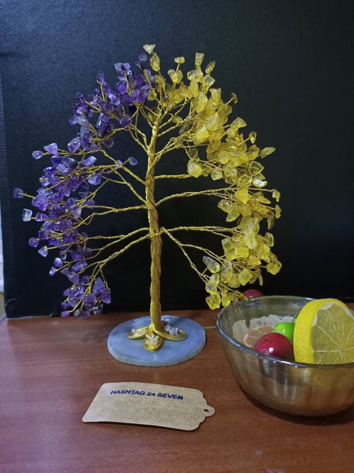 Feng shui tree with healing crystals wired in bonsai tree on agate coaster base ,