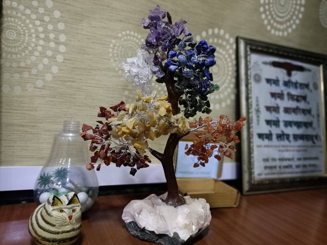 Seven Chakra Crystal Tree with Raw rock cluster Base , Healing Crystals and Healing Stones ,Tree of life for Vastu remedy and Feng Shui Gift
