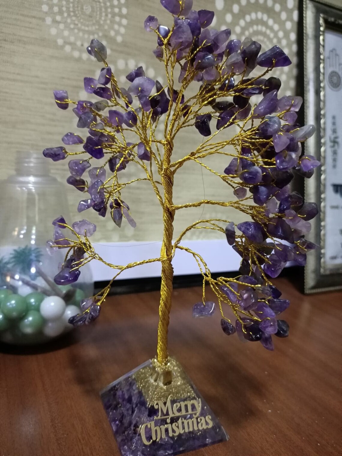 Amethyst Tree of Life with Amethyst Pyramid Base , Unique Bonsai Tree for Intution with 7 Chakra Pyramid 5 inch long, Feng Shui