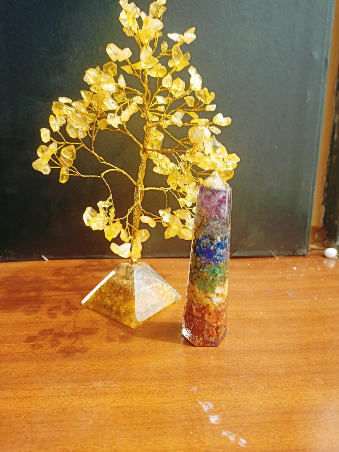 Citrine Tree of Life with Citrine Pyramid Base , Unique Bonsai Tree for Money Attraction with 7 Chakra Pyramid 5 inch long, Feng Shui
