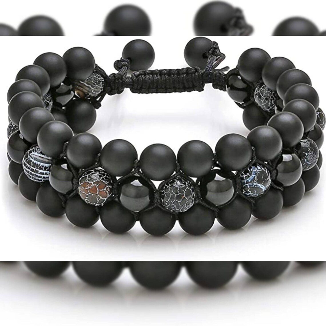 Matte agate crystal, Dragon Vein stone and Obsidian Crystal for Evil Eye Protection Bracelet for men, Men's Triple Row Beaded Bracelet