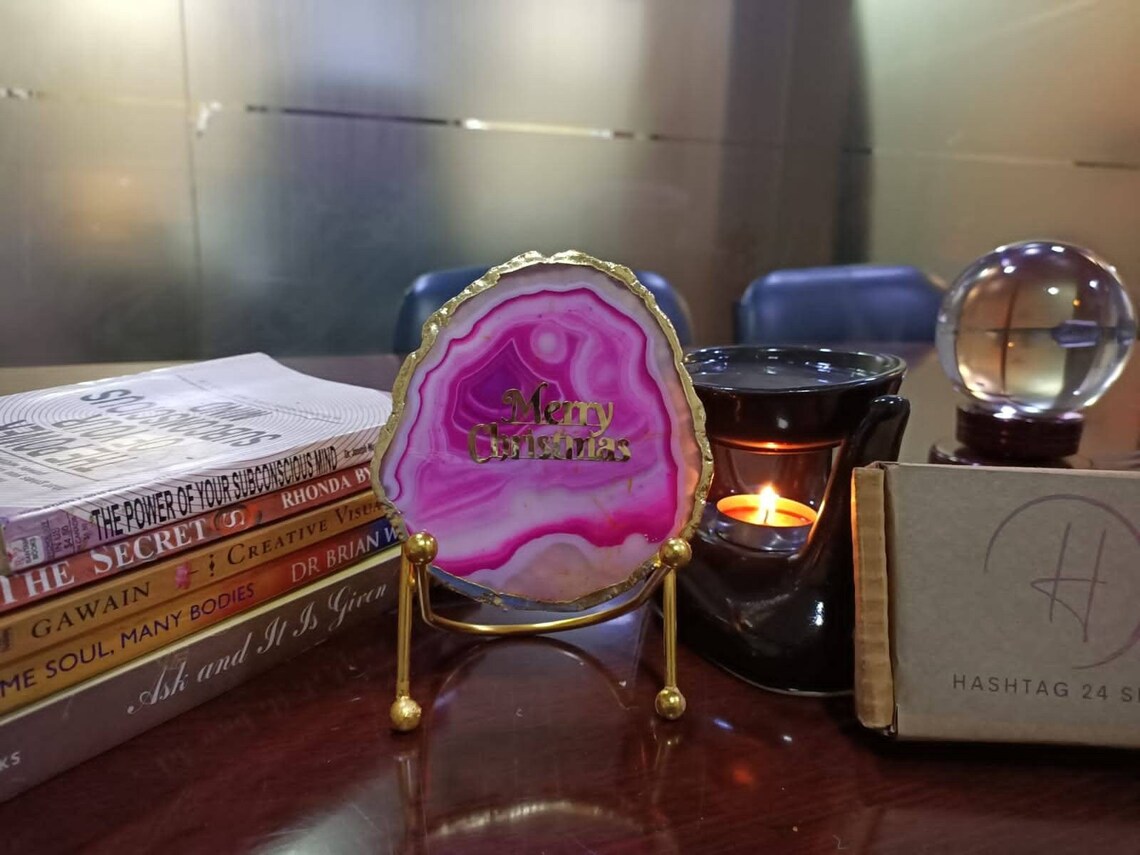 Agate Coasters on Golden stand , Unique handmade Agate stone engraved with gold work, Semi precious agate coaster