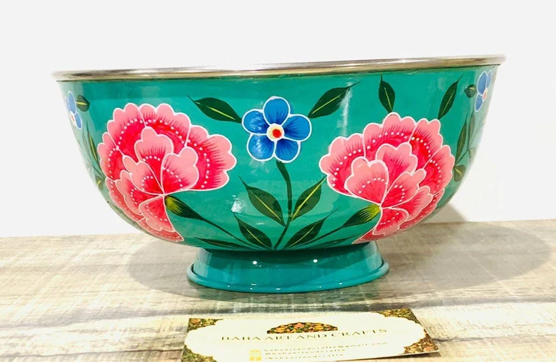 Hand painted fruit bowl, Stailess Steel bowl with Enamelware work from Kashmir, Enamelware bowl-handcrafted, Large Breakfast bowl 20.5 cm blue
