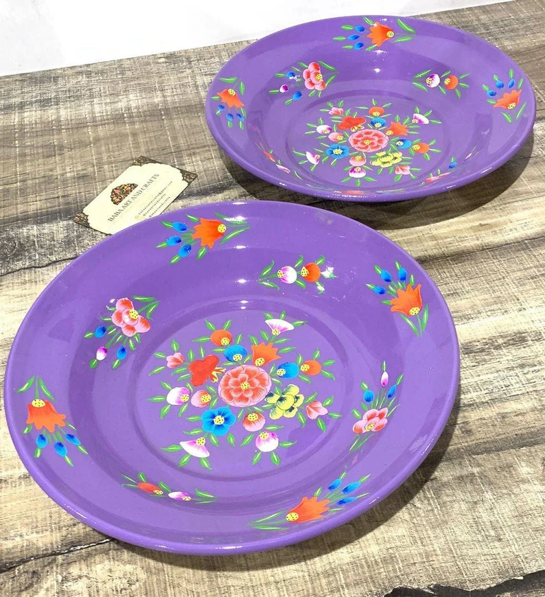 Hand painted Steel plates, hand painted plates, stainless steel dishes, Indian food plates,set of 2, Enamelware stainless steel Floral tray