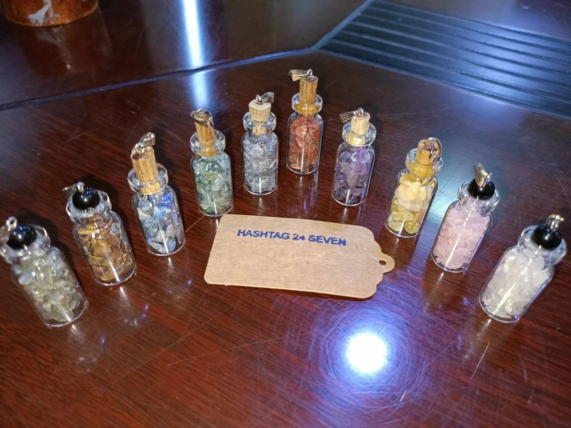 Chakra Crystal Shards in Cork Bottle, Chakra Crystal Set, Mini Chakra Cork Bottles with hook for necklace and tourmaline bead, set of 10