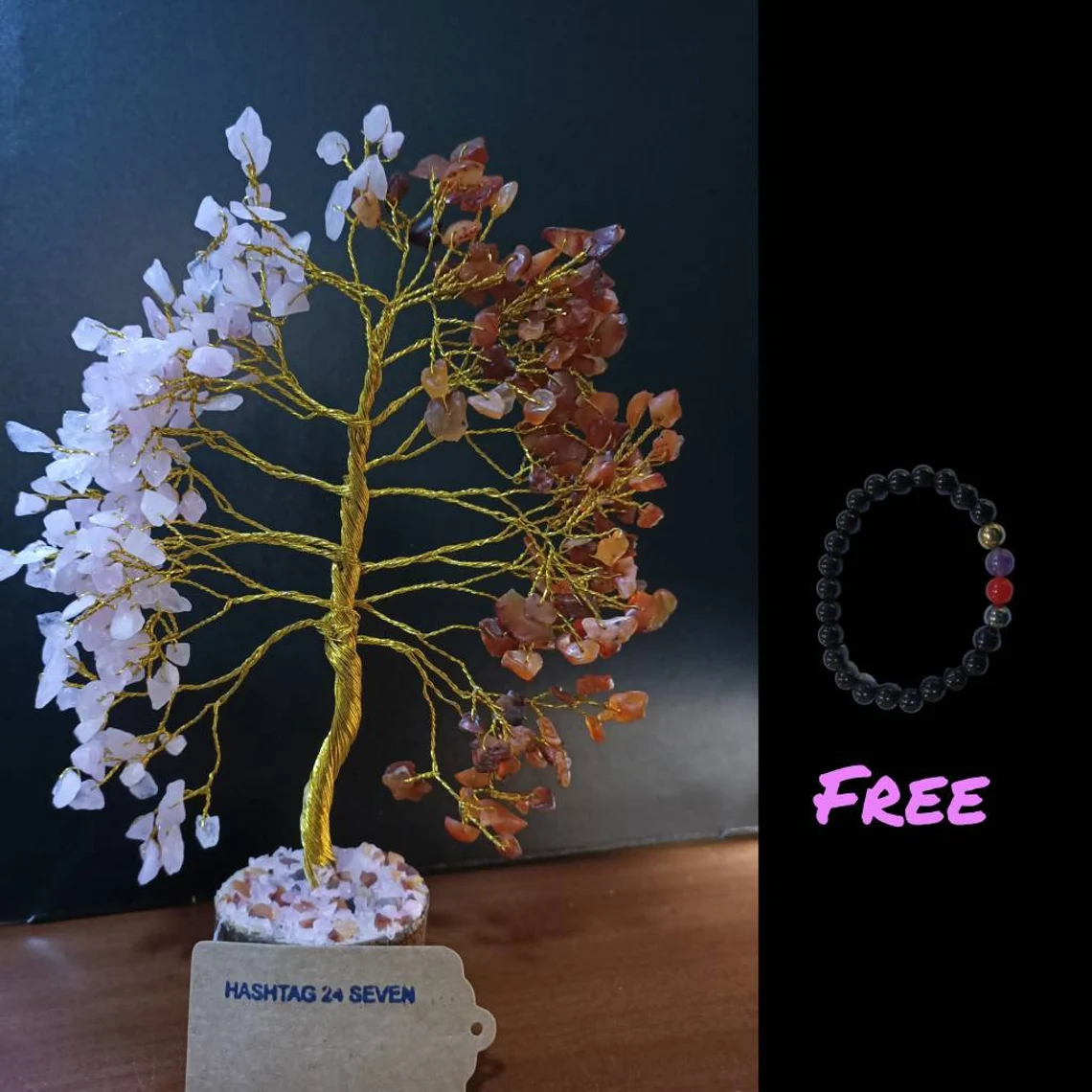 Natural Crystals and Healing Stones for Prosperity, High Pranic Energy Crystal Tree of Life with rose quartz stones and carnelian stones