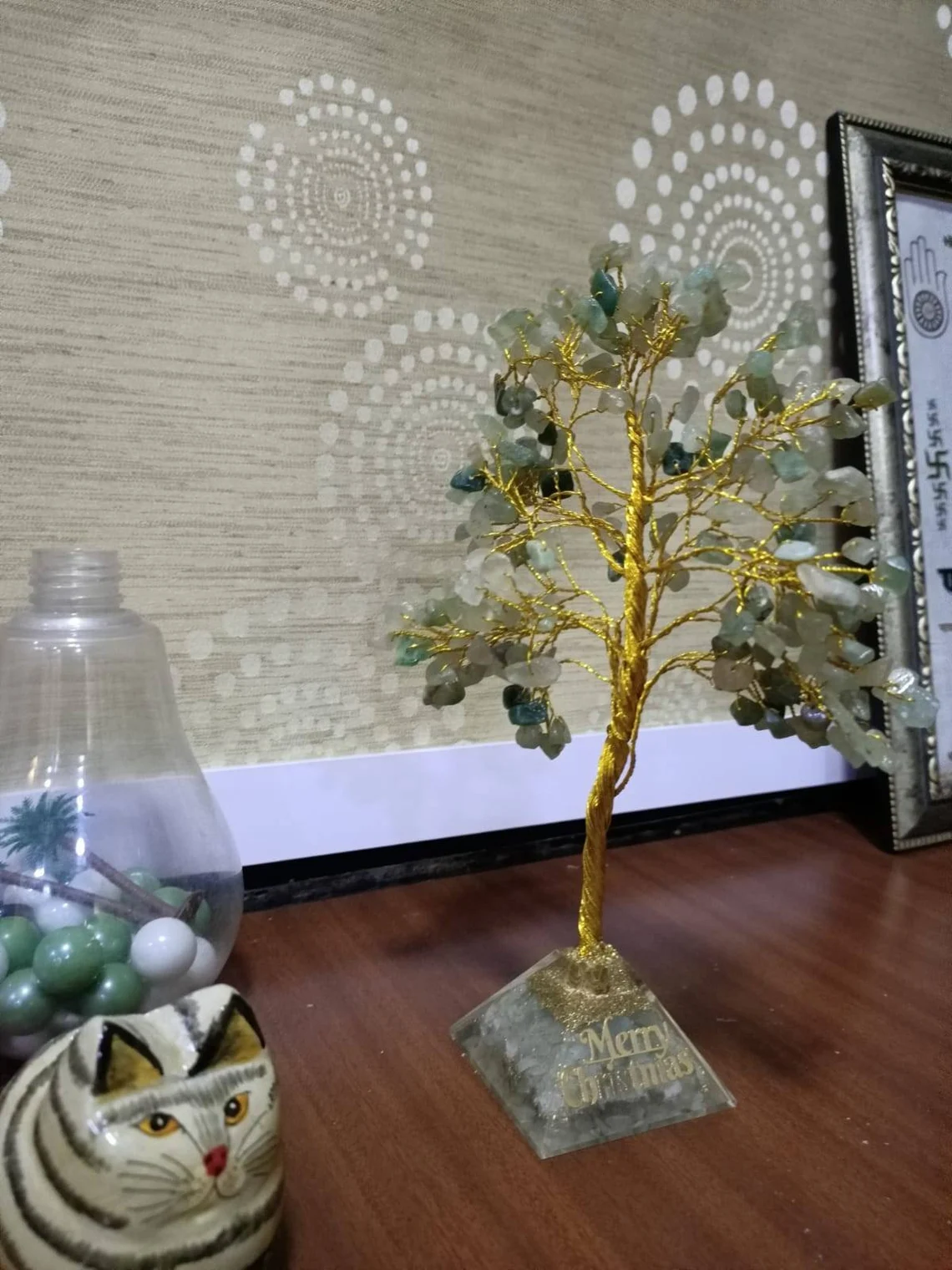 Green Aventurine tree on Aventurine Pyramid base ,Semi precious crystals Bonsai tree wired with mandala stones