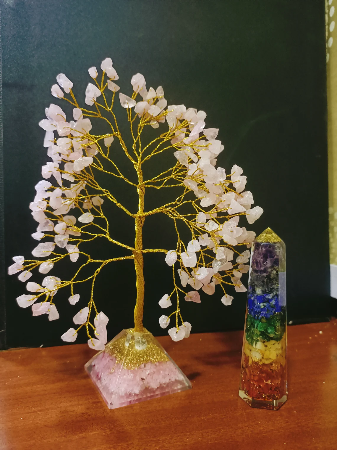 Rose Quartz Tree of Life with Rose Quartz Pyramid Base , Unique Bonsai Tree for Love Attraction with 7 Chakra Pyramid 5 inch long, Feng Shui