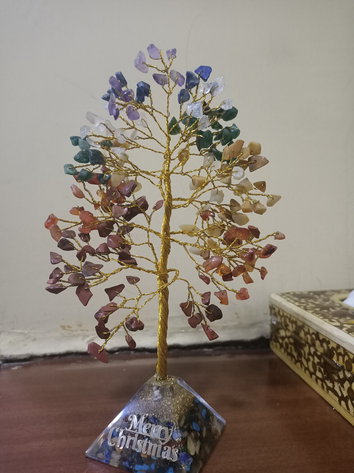 Feng shui tree with healing crystals wired in bonsai tree on agate coaster base ,