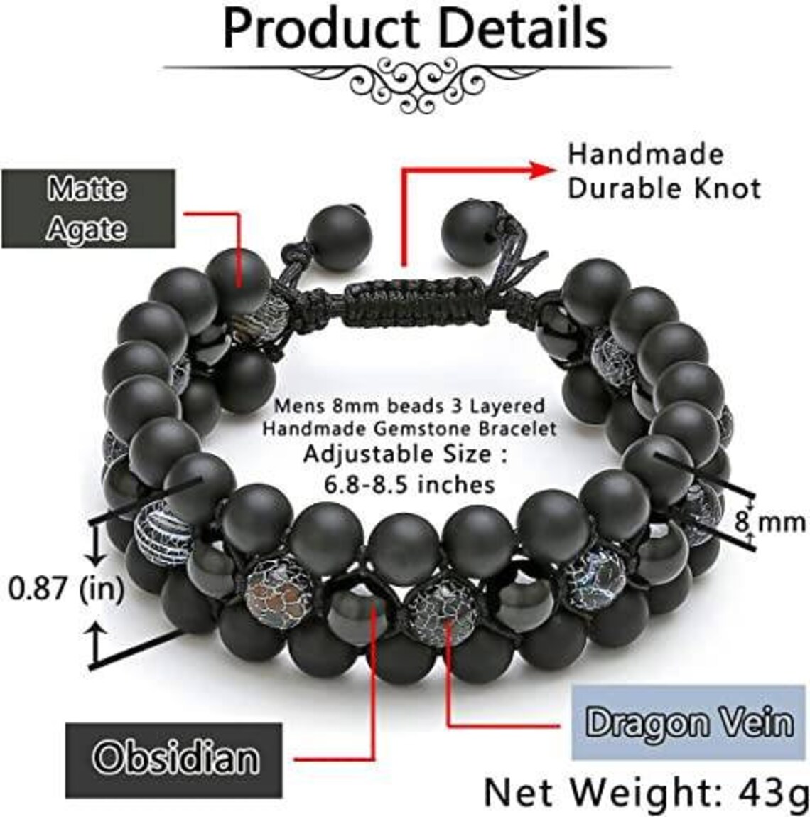 Matte agate crystal, Dragon Vein stone and Obsidian Crystal for Evil Eye Protection Bracelet for men, Men's Triple Row Beaded Bracelet
