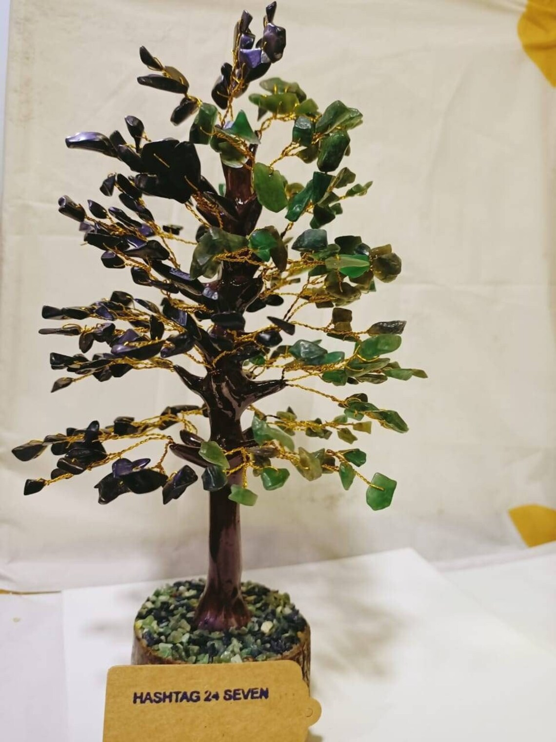 Green Jade and Black Tourmaline healing stones in Bonsai Tree, Spiritual tree with healing crystal cluster in Money Tree for vastu remedy