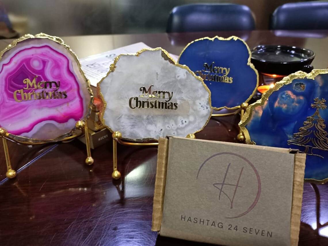 Agate Coasters on Golden stand , Unique handmade Agate stone engraved with gold work, Semi precious agate coaster