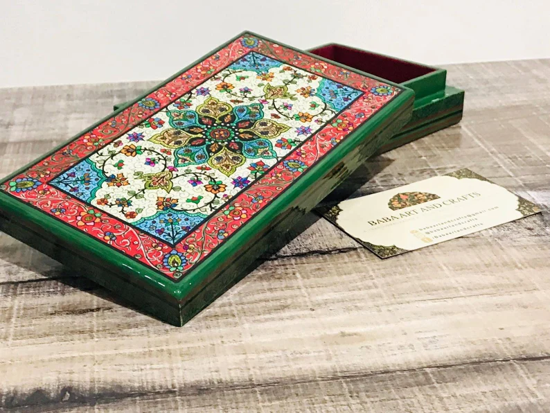 Paper Mache Box, Handmade paper mache box, Hand Painted Trinket Box with Floral Motif, Valentine day gift, Lacquered Paper Mache Box