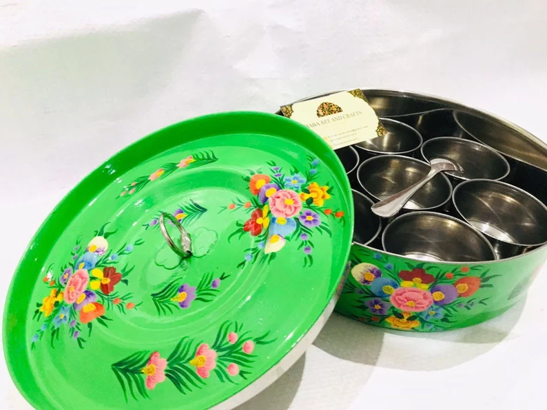 Indian spice box,Stainless Steel Masala Box,Indian Masala Box,Spice box from India,Kashmiri Enamelware Box,Hand Painted spice box/masala box