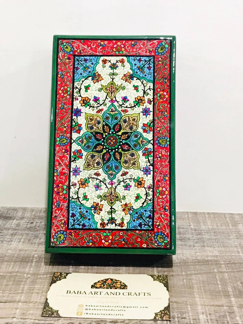 Paper Mache Box, Handmade paper mache box, Hand Painted Trinket Box with Floral Motif, Valentine day gift, Lacquered Paper Mache Box