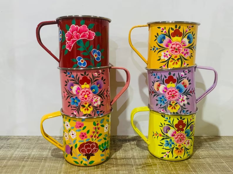Stainless steel mugs,Enamelware mug,set of 4,hand painted steel mugs ,steel mugs floral paint,hand painted coffee mugs ,Enamel Ware utensils