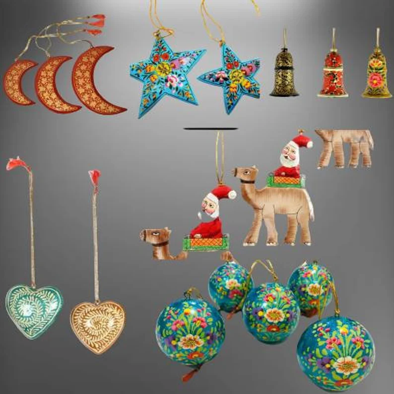 Set of 10 assorted ornaments, Biodegradable Ornaments, Paper Mache Ornaments, Hand painted Christmas Baubles,Handmade Christmas Ornaments, Ecofriendly Christmas Gift Set