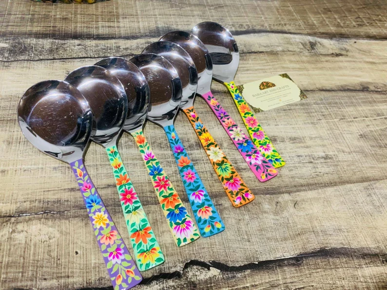 Set of 4 Serving Spoons, Hand painted Salad Picker, Colorful serving spoons hand painted with lead free colors, Enamelware Salad Picker 26cm