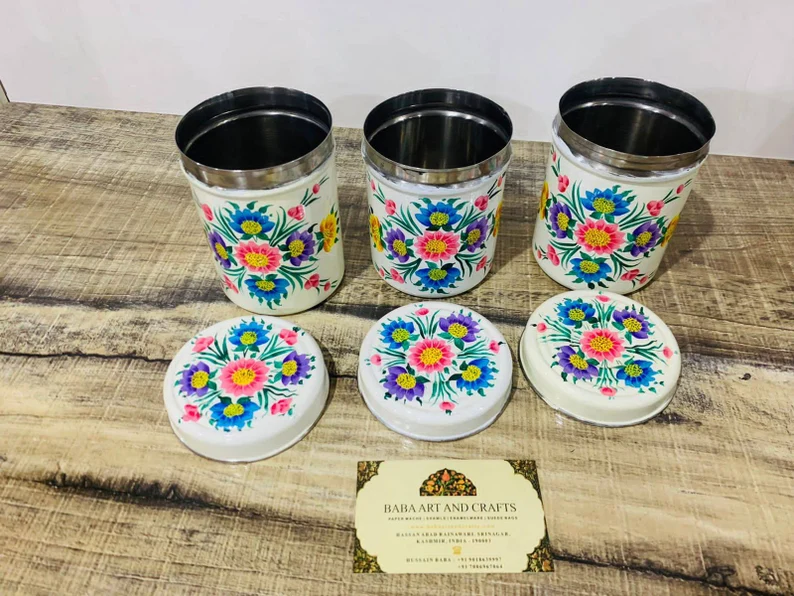 Steel Canister Sets, Canister sets, hand painted canister set, food storage box,stainless steel food storage box,floral kashmiri design