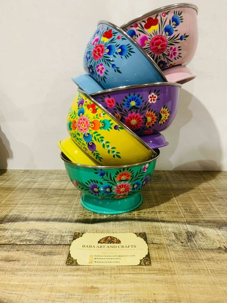 Big Hand Painted bowls, Breakfast bowls, Stainless Steel bowl for Ice cream , Steel Fruit Bowl , Hand Painted Enamel Bowls-Handcrafted 20.5cm