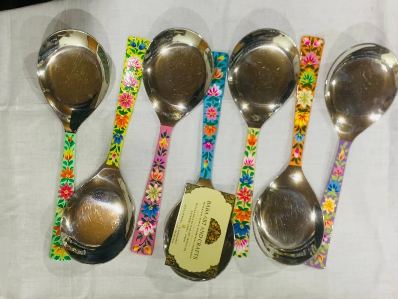 Set of 4 Serving Spoons, Hand painted Salad Picker, Colorful serving spoons hand painted with lead free colors, Enamelware Salad Picker 26cm