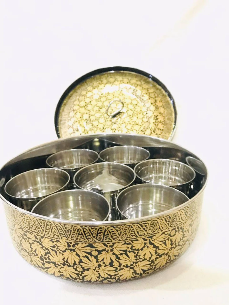 Masala dabba, Spice Box with lid, Indian Masala Box, Steel Spice box from India, Kashmiri Enamelware,Hand Painted masala box, spice canister