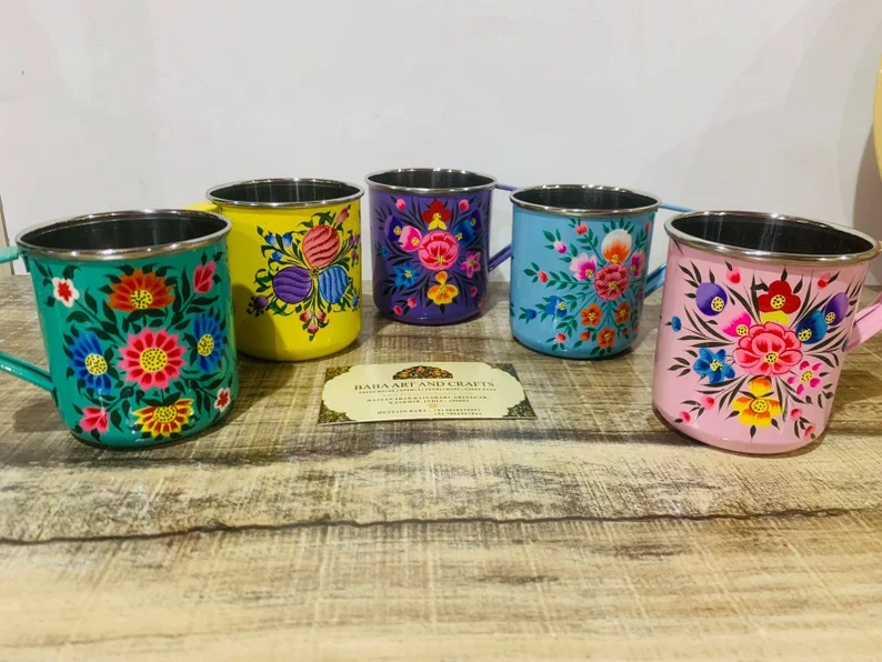 Hand painted steel mugs, hand painted coffee mugs, Enamel ware Kashmir, Enamelware mug, Stainless steel mugs, handpainted steel mugs,Mug set 350 ml