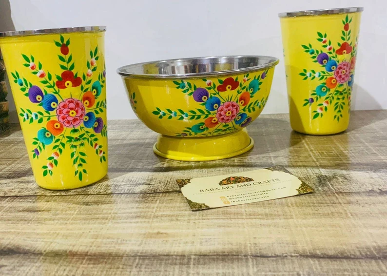 Stainless steel bowl, steel fruit bowl, hand painted bowl, hand painted tumbler, enamelware tumblers, hand painted glass,kashmiri enamelware