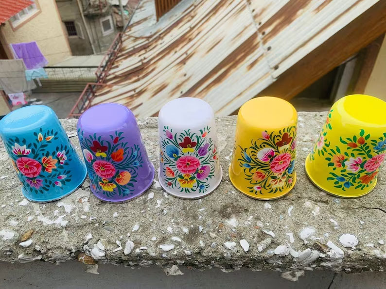 5 Stainless steel glass,enamelware tumblers,steel tumblers,steel glass,Kashmiri enamelware,enamelware utensils,hand painted steel glass