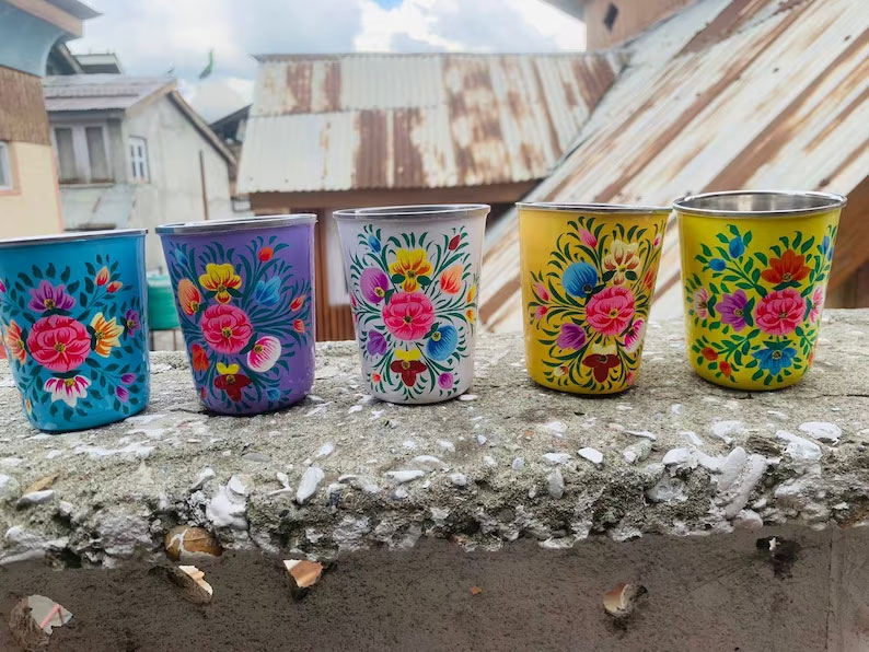 5 Stainless steel glass,enamelware tumblers,steel tumblers,steel glass,Kashmiri enamelware,enamelware utensils,hand painted steel glass