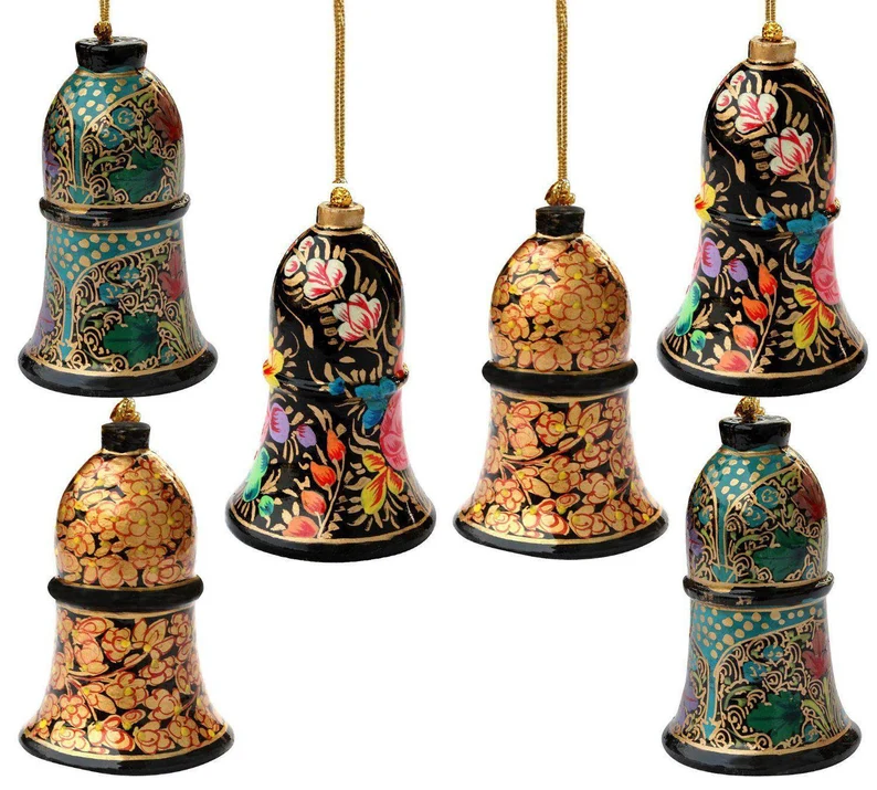 Set of Hanging Christmas Bells, Hand painted bells, Handmade Christmas ornaments, Handmade Christmas Bells, Paper mache hanging ornaments