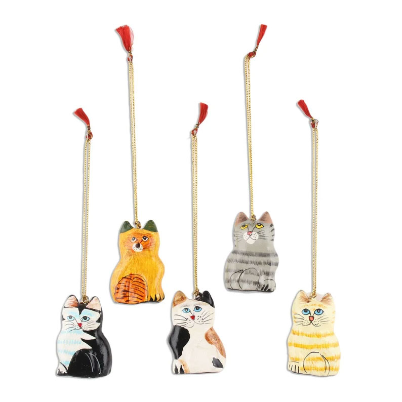 Set of 5 cats,christmas hanging,Christmas tree ornament,christmas bauble,paper mache bauble,hanging cat ornament,PaperMache animal sculpture