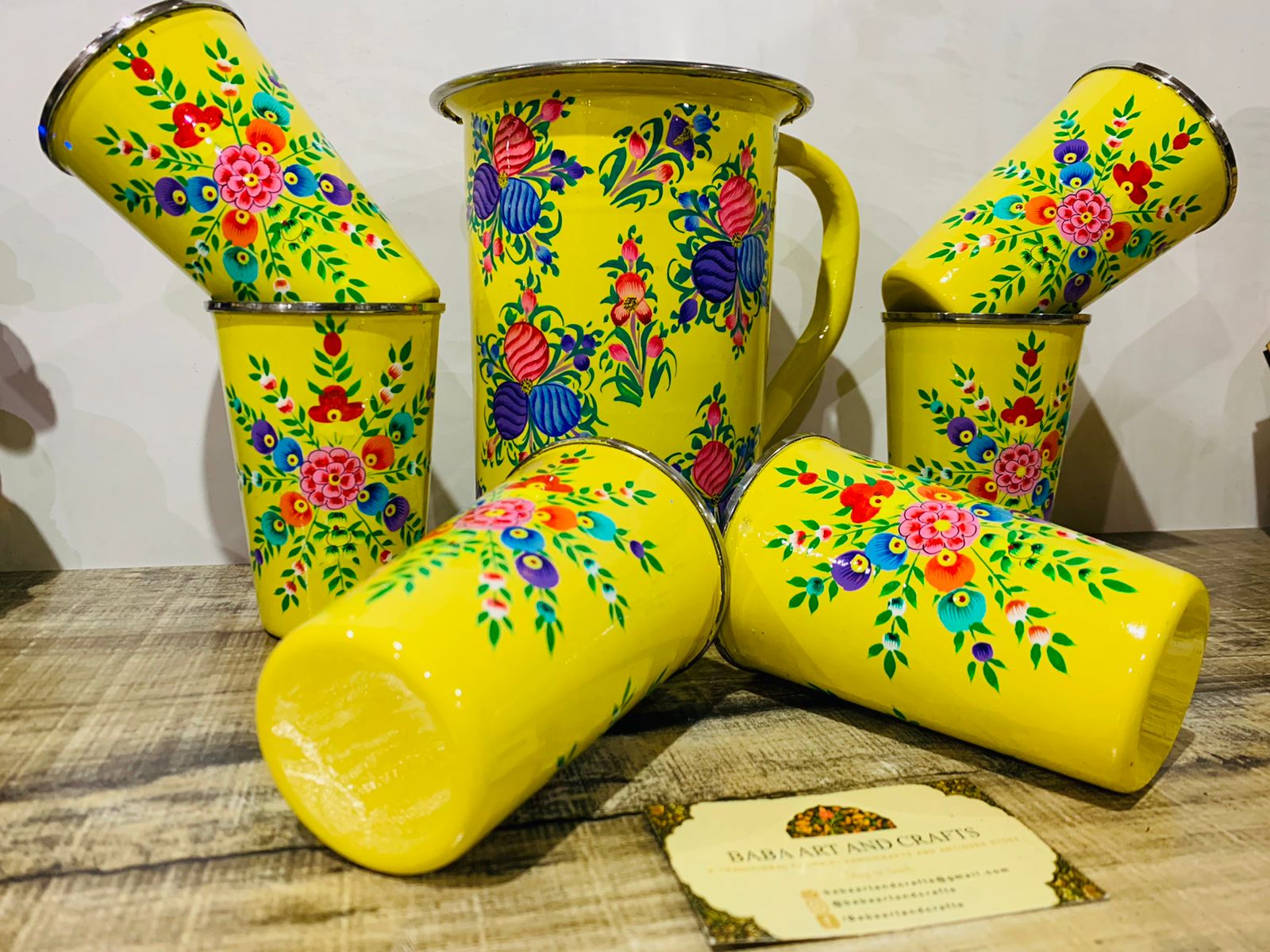 Hand painted jug set, Enamel Ware utensils,Enamelware jug set with 6 hand painted steel glass , kashmiri enamelware, stainless steel glasses