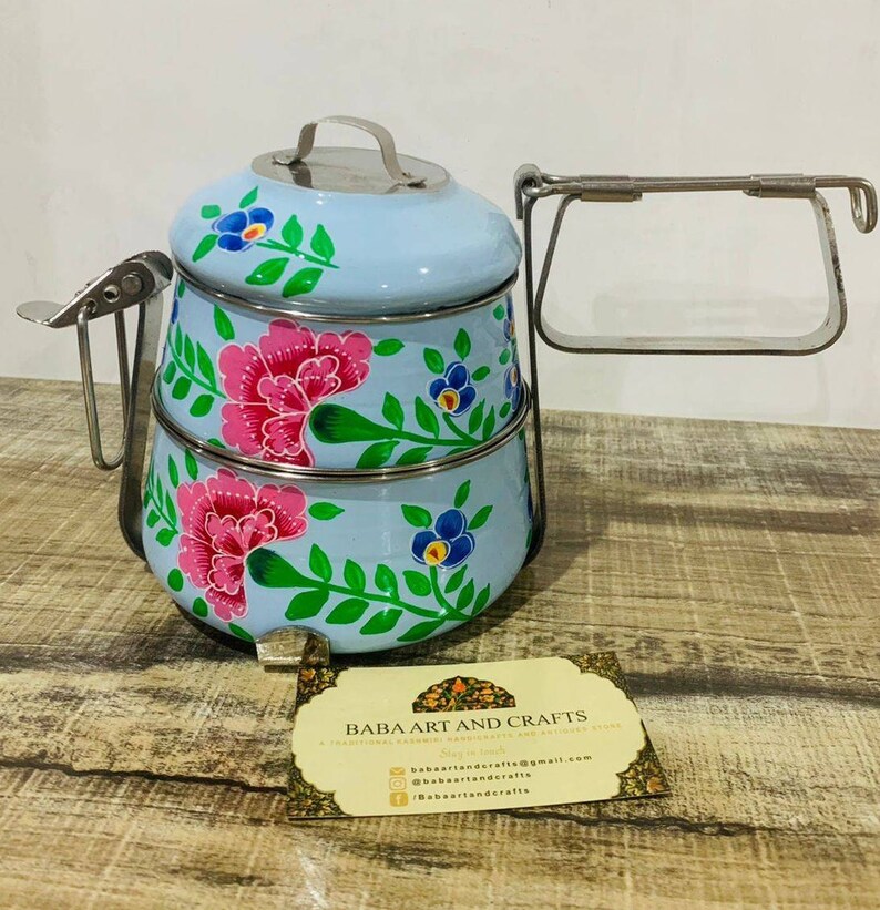 2 tier stainless steel lunch box, hand painted Enamelware lunch box, kashmiri handicrafts, Enamel ware kashmir India, enamelware tiffin box