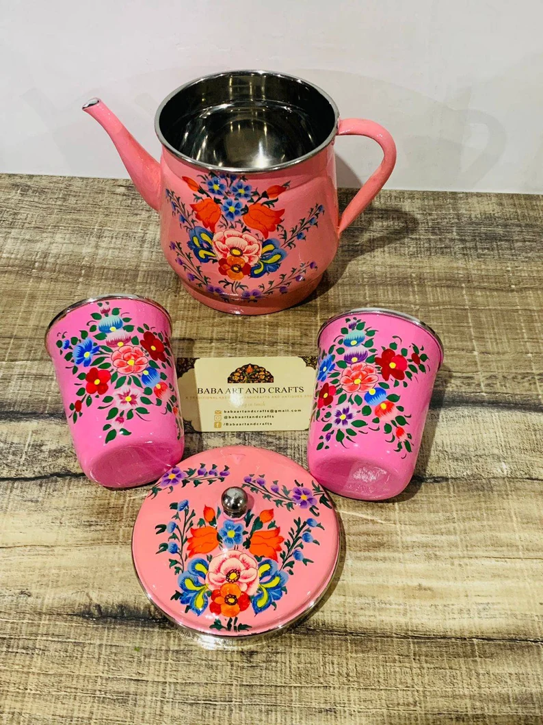 Hand Painted Tea Pot handcrafted with lead free colors by Kashmiri Artisians , Tea pot with hand painted tumblers , Indian Cutting chai set