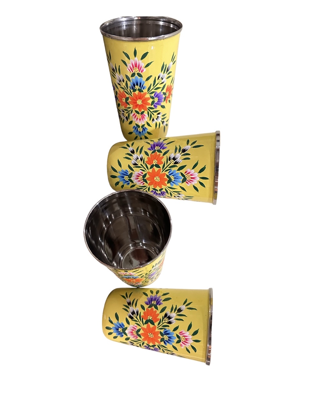 Set of 4 Stainless Steel tumblers ,hand painted glass with lead free colors by Kashmiri artist, Hand painted enamelware tumblers handcrafted