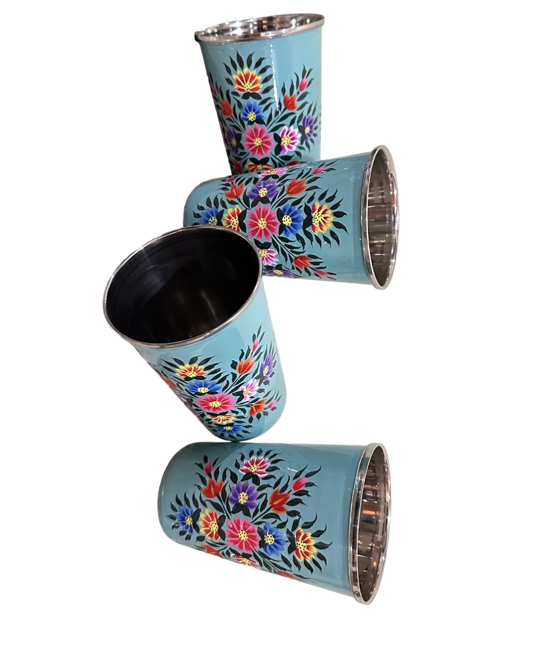 Set of 4 Stainless Steel tumblers ,hand painted glass with lead free colors by Kashmiri artist, Hand painted enamelware tumblers handcrafted